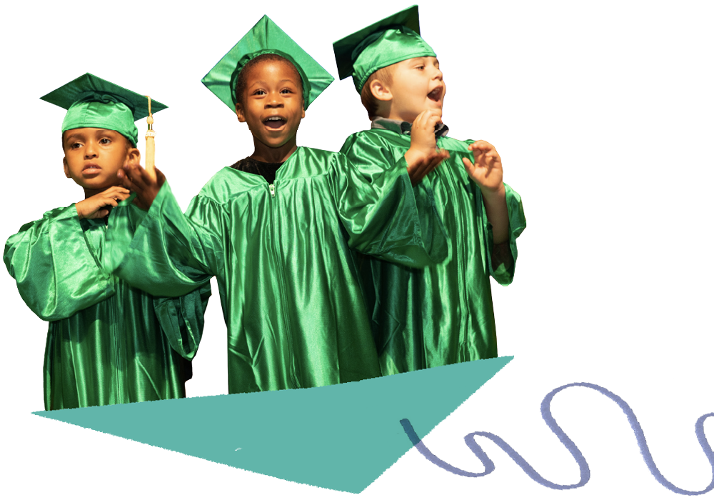 3 kids cheering in their caps and gowns